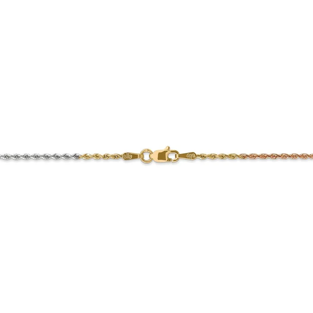 1.5mm 14k Tri-Color Gold D/C Solid Rope Chain Anklet or Bracelet