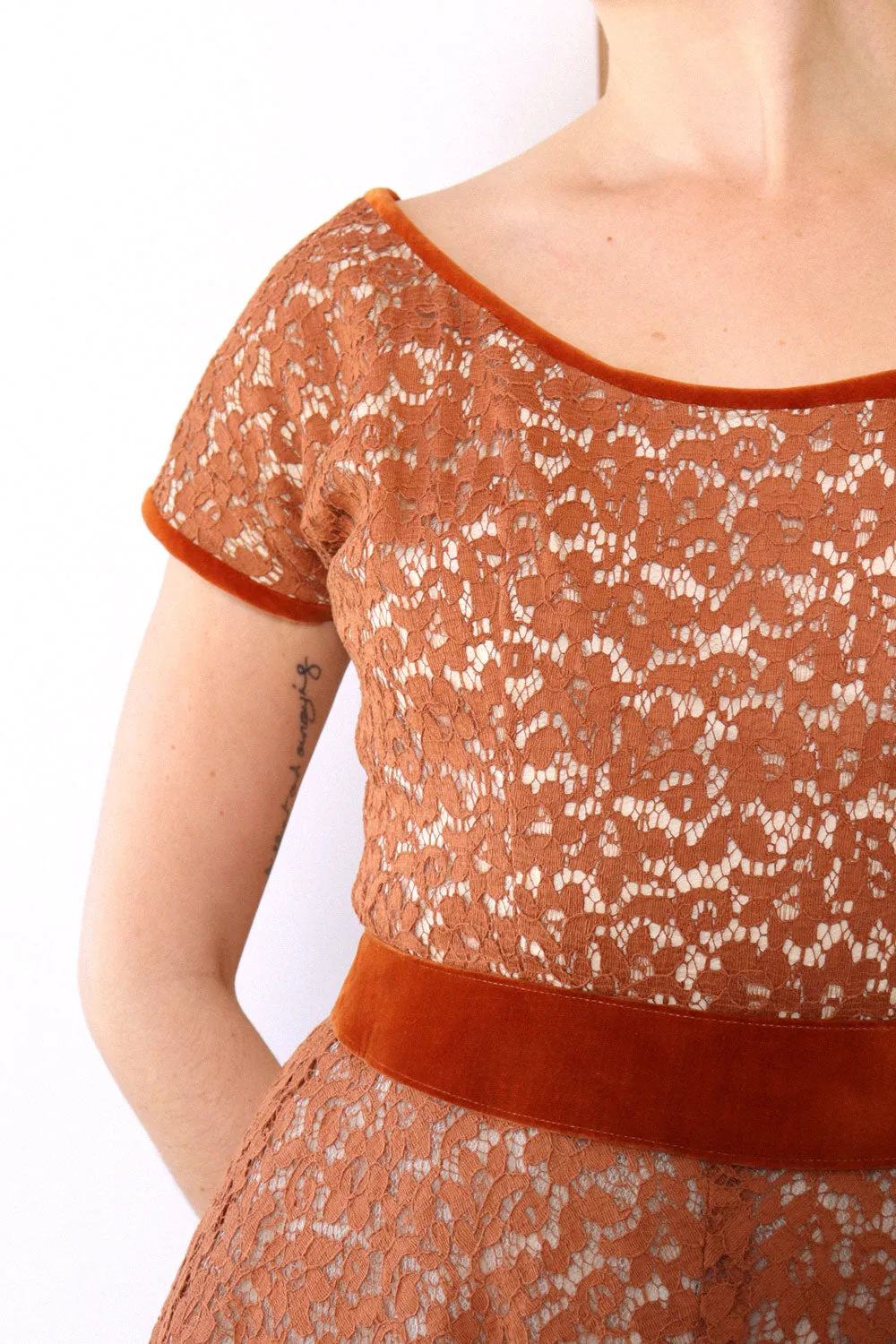 1950s Copper Lace Velvet Dress XS