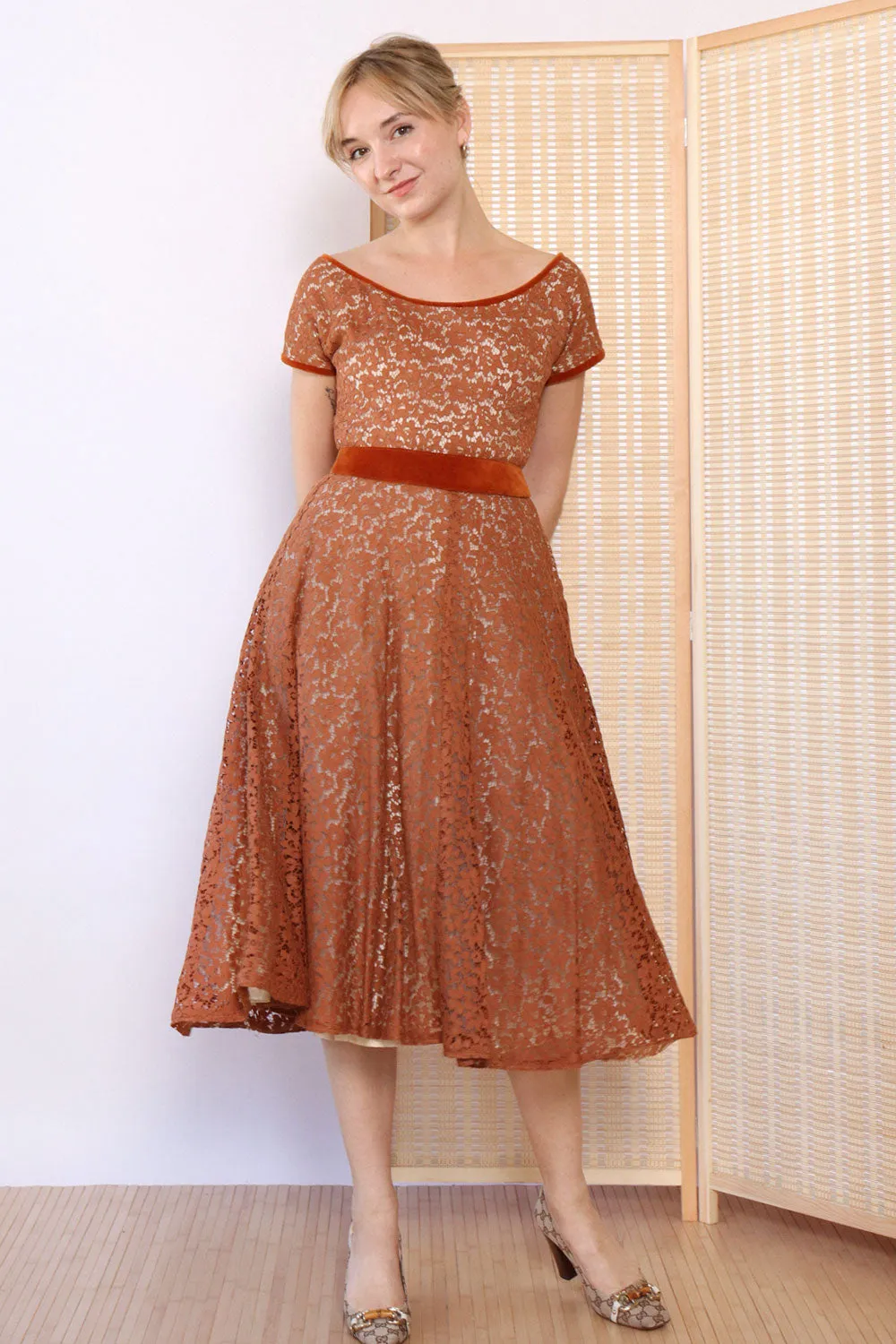 1950s Copper Lace Velvet Dress XS