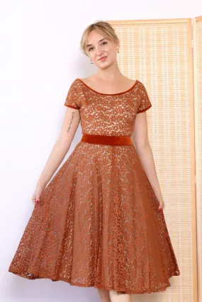 1950s Copper Lace Velvet Dress XS