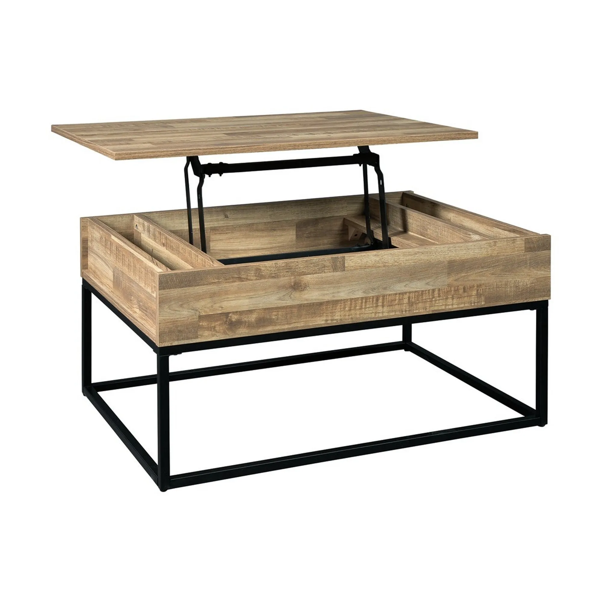 19" Wood And Metal Lift Top Cocktail Table Brown And Black By Benzara