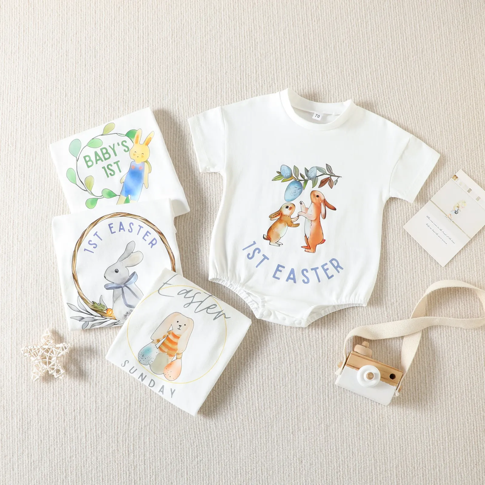 2023 Easter New Baby Bodysuit Cartoon Rabbit Letter Print Short Sleeve Triangle Romper Creeper