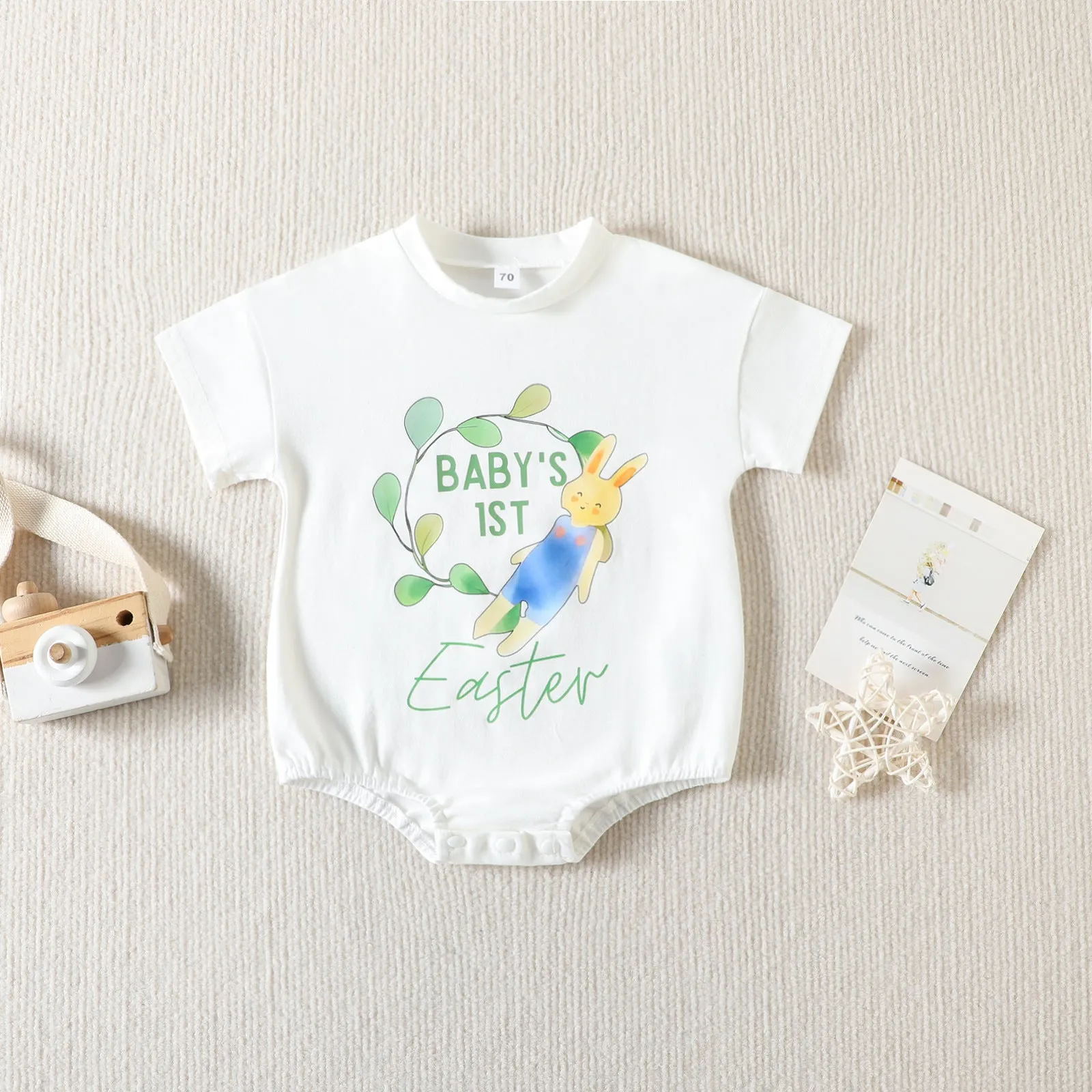 2023 Easter New Baby Bodysuit Cartoon Rabbit Letter Print Short Sleeve Triangle Romper Creeper