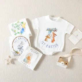 2023 Easter New Baby Bodysuit Cartoon Rabbit Letter Print Short Sleeve Triangle Romper Creeper