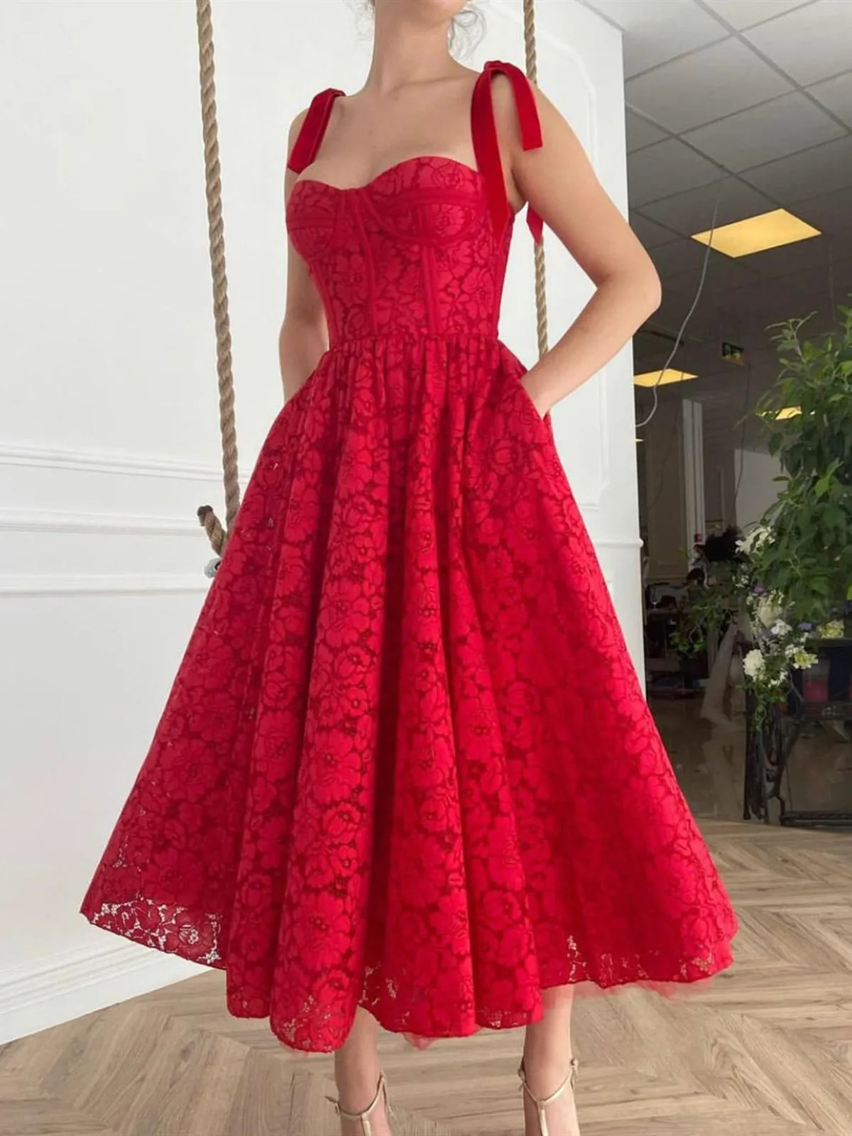 A Line Red Lace Tea Length Prom Dresses with Pocket, Red Lace Formal Evening Dresses