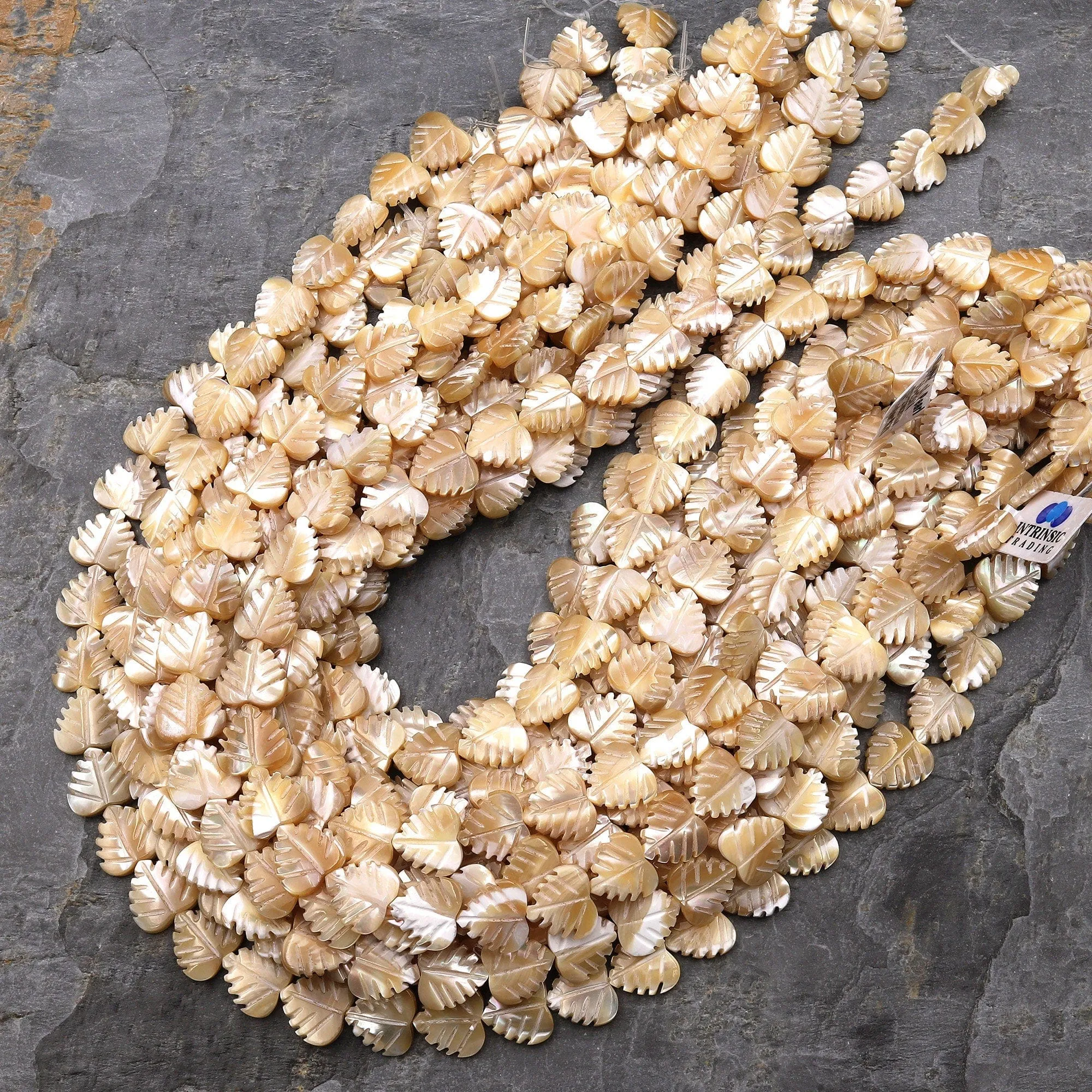 AAA Iridescent Hand Carved Natural Brown Mother of Pearl Beads Heart Palm Leaf Shape 15.5" Strand