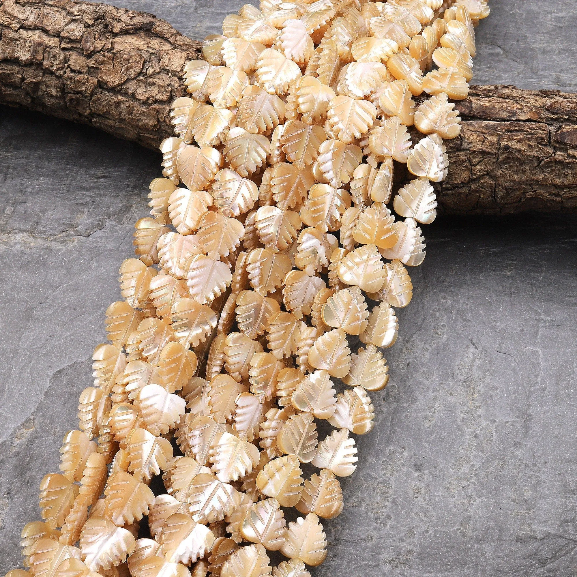 AAA Iridescent Hand Carved Natural Brown Mother of Pearl Beads Heart Palm Leaf Shape 15.5" Strand