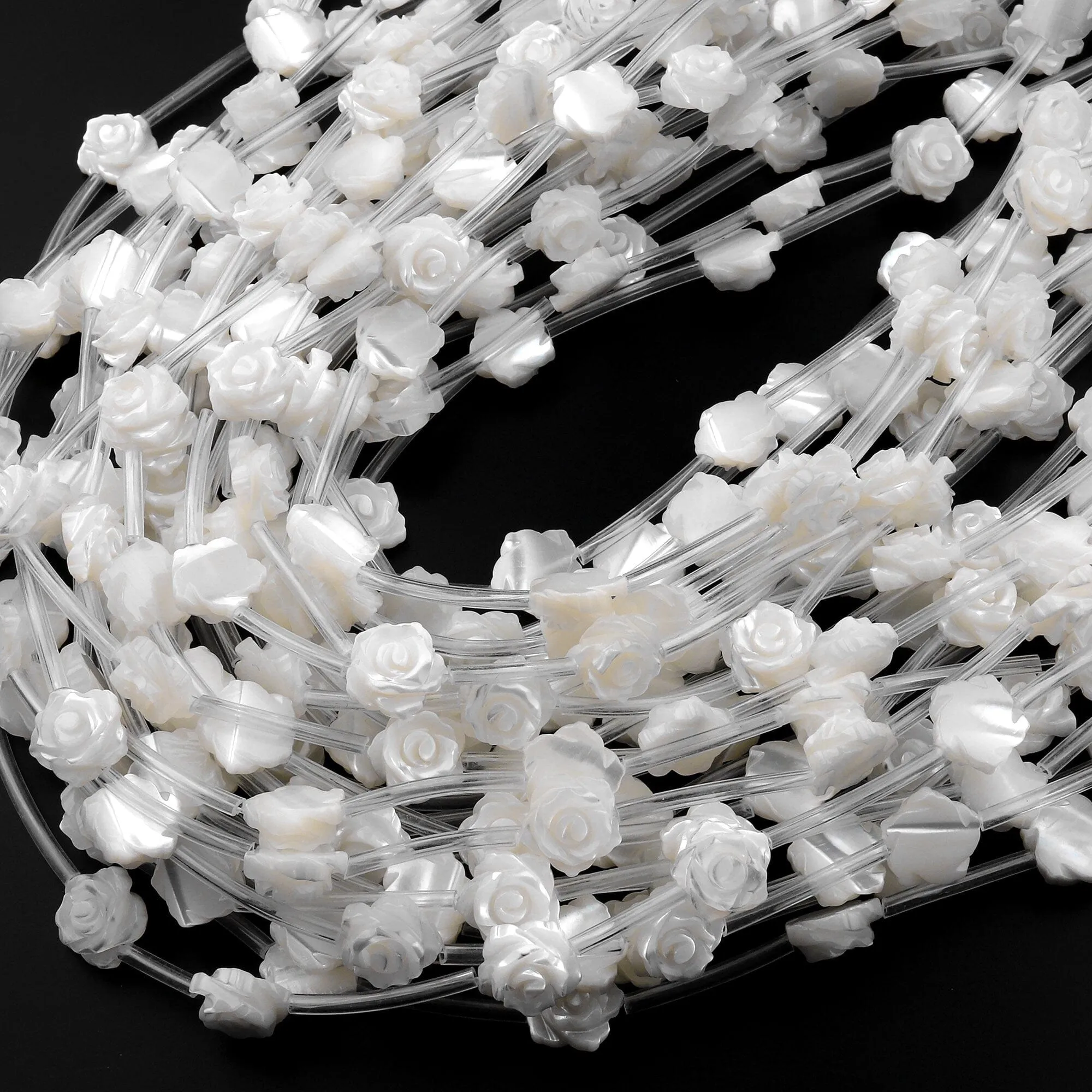 AAA Iridescent Hand Carved Natural White Mother of Pearl Shell Rose Flower Beads 8mm 10mm 12mm 15.5" Strand