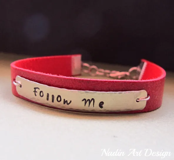 Adjustable Red Leather Name Bracelet