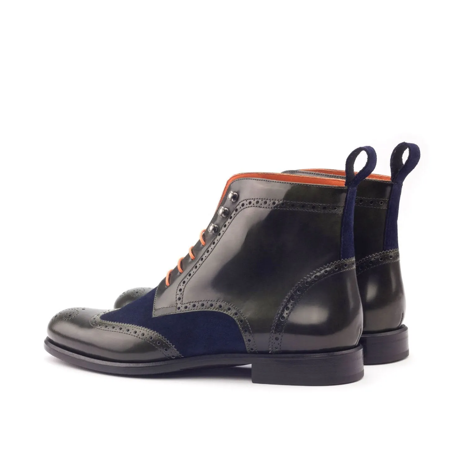 Ambrogio Bespoke Custom Women's Shoes Green Florantic & Navy Suede / Polished Calf-Skin Leather Wingtip Boots (AMBW1097)