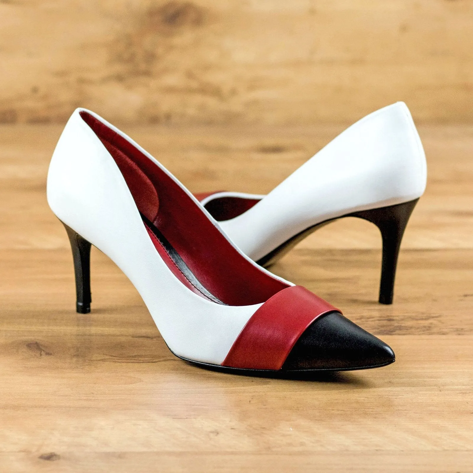 Ambrogio Bespoke Custom Women's Shoes White, Red & Black Nappa Kaiser Leather Classic Milan Pumps (AMBW1108)