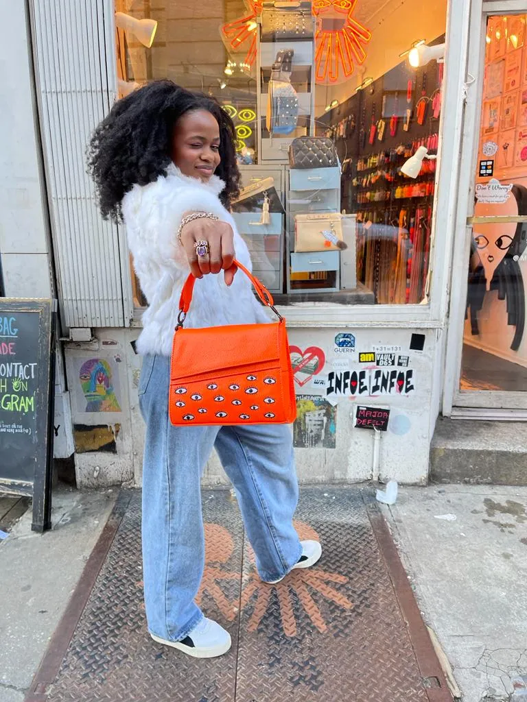 Anastasio Micro Crossbody Handbag Neon Orange Leather - Eyes Embroidery