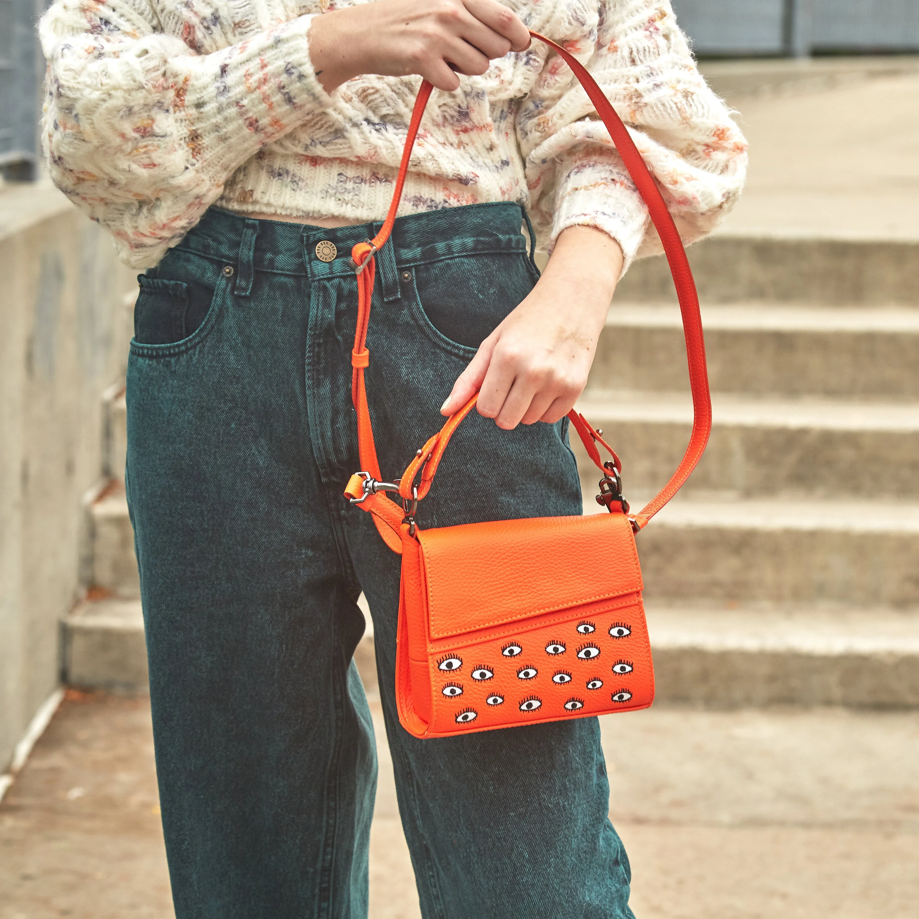 Anastasio Micro Crossbody Handbag Neon Orange Leather - Eyes Embroidery