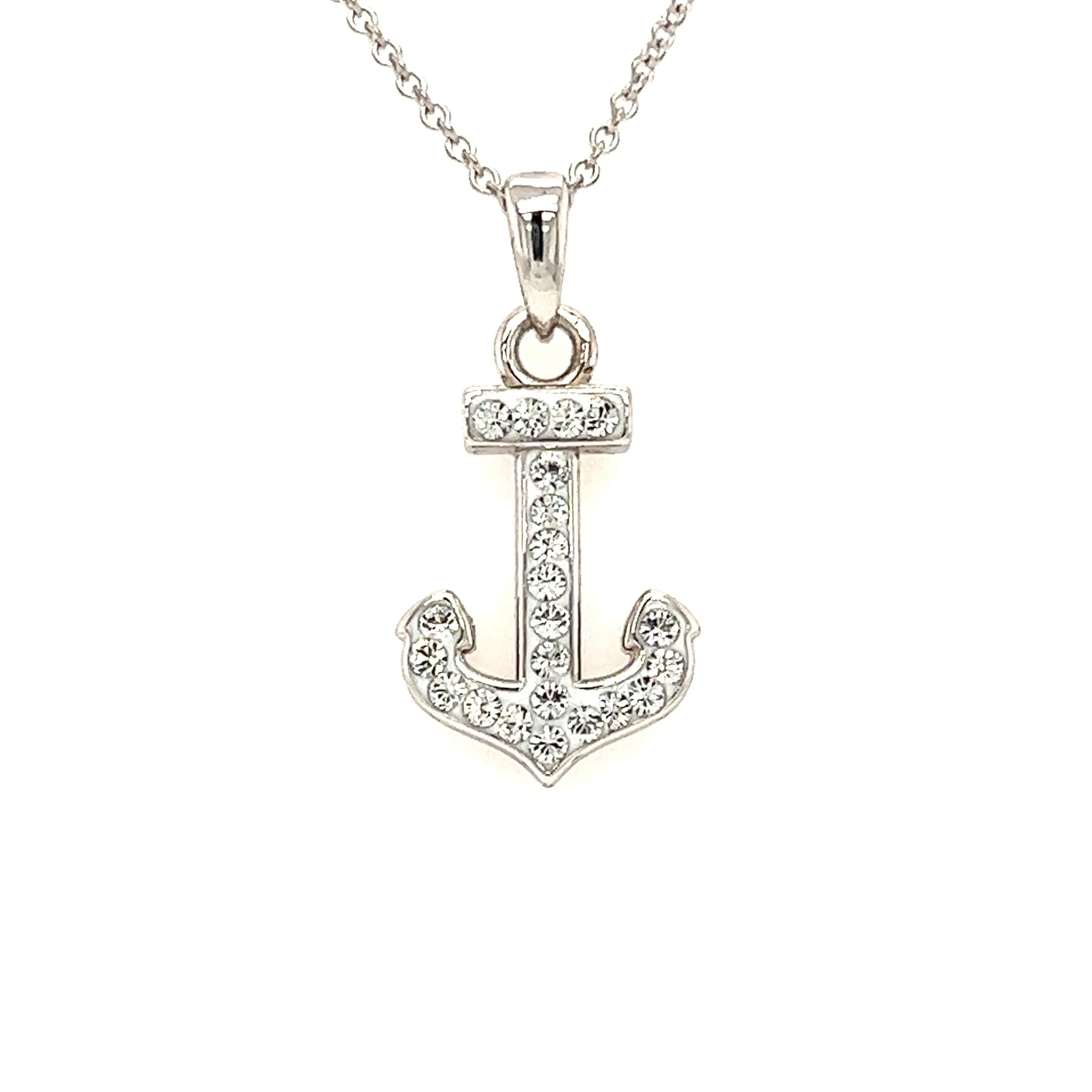 Anchor Necklace with White Crystals in Sterling Silver