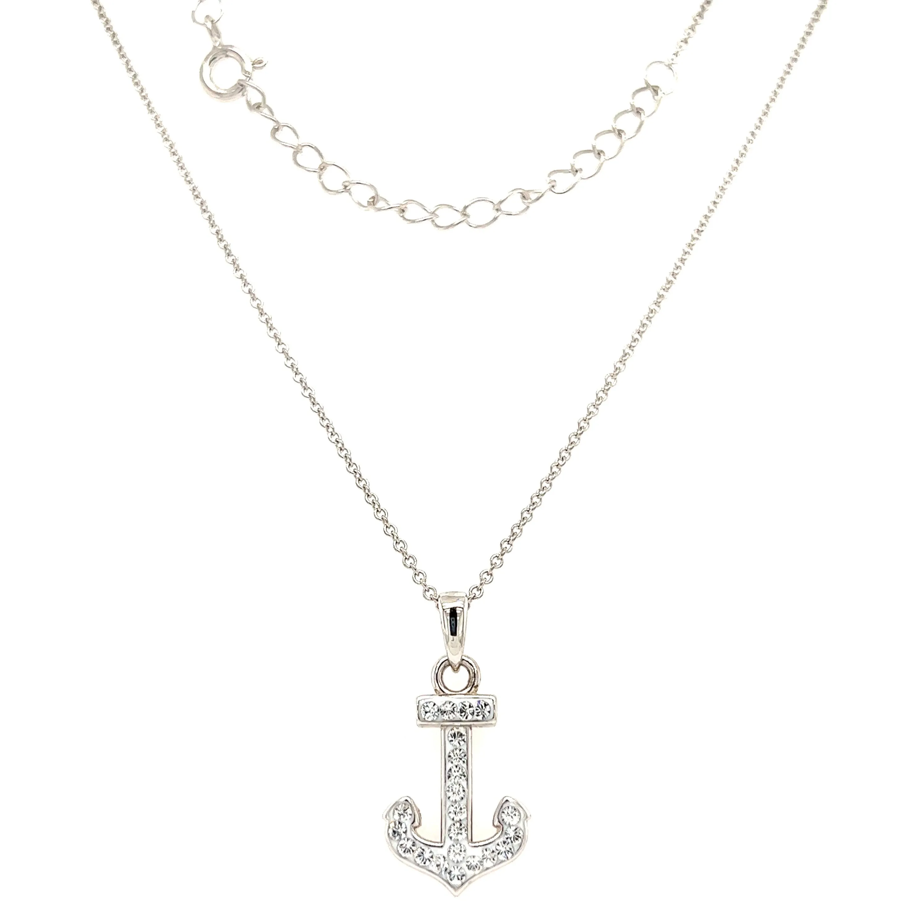 Anchor Necklace with White Crystals in Sterling Silver