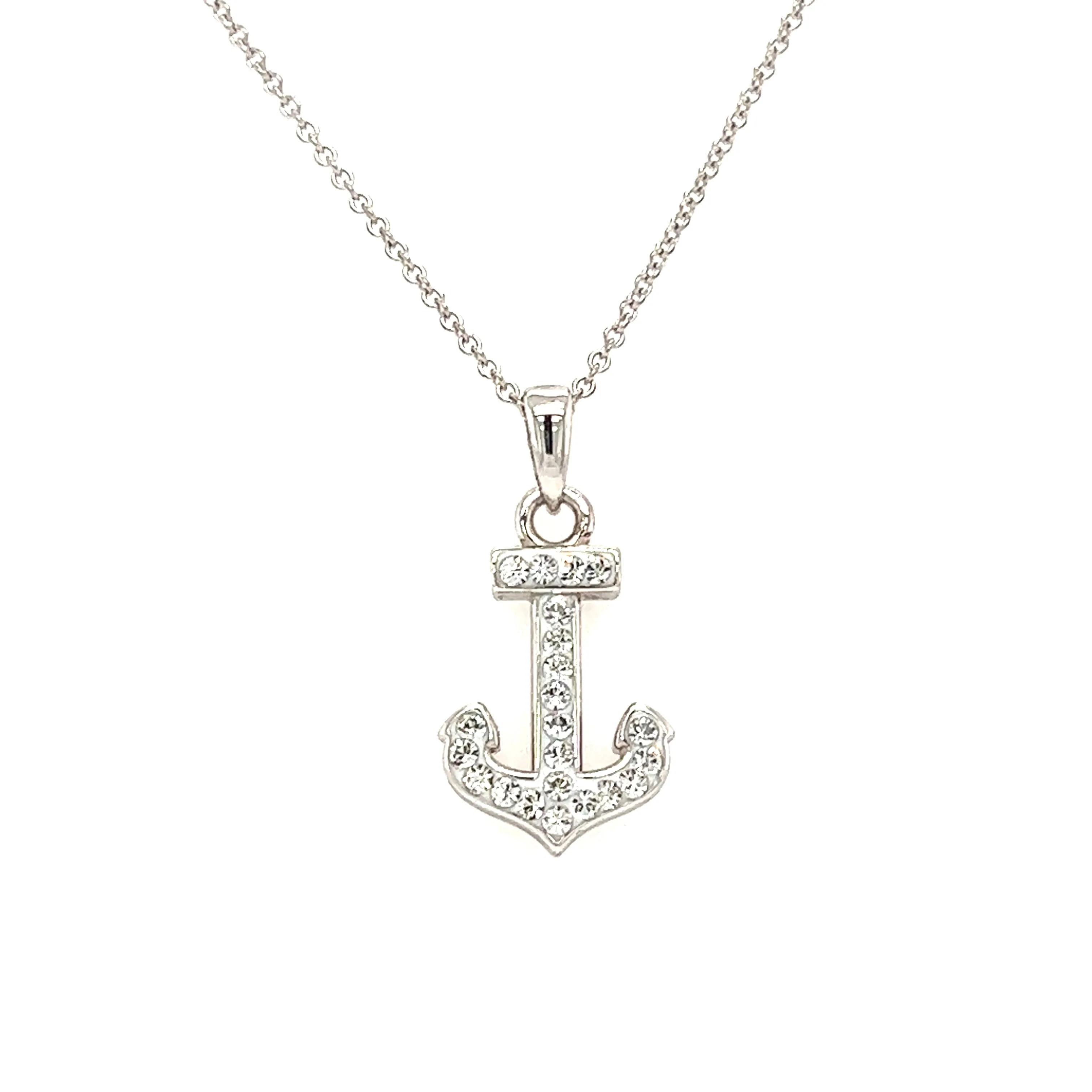 Anchor Necklace with White Crystals in Sterling Silver