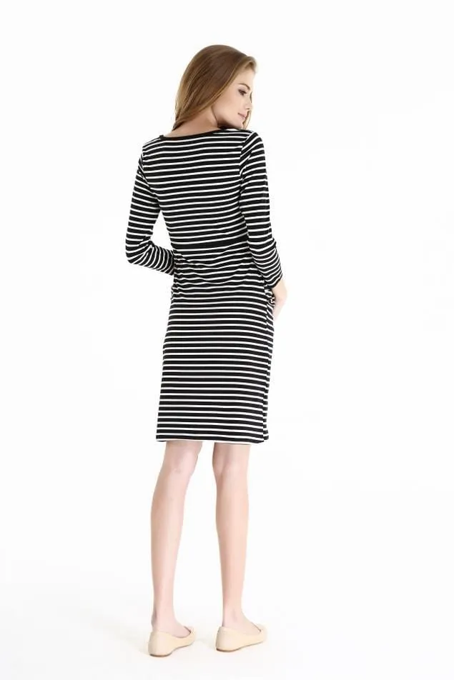 Angelina Black Stripe Long Sleeve Nursing Dress