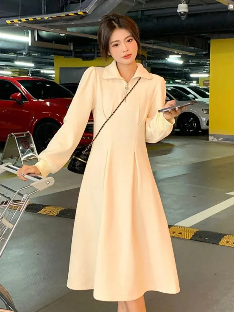 Autumn Korean Kpop Black Sport Dress Women School Casual Long Sleeve Zip Dresses Streetwear Plus Velvet