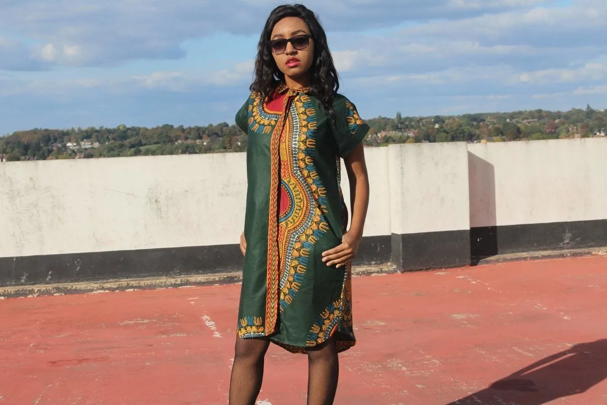 Aztec Dress, African Shirt Dress in Green Dashiki Print - Festival Dress