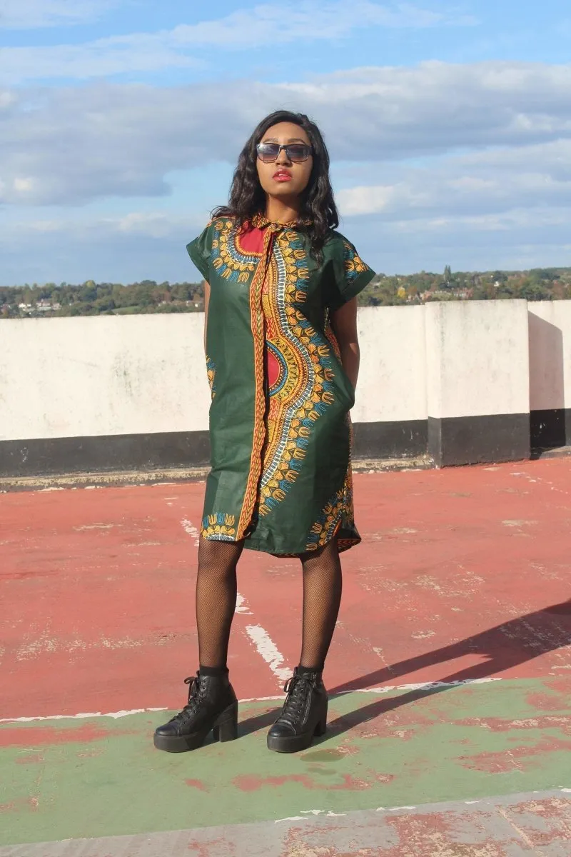 Aztec Dress, African Shirt Dress in Green Dashiki Print - Festival Dress