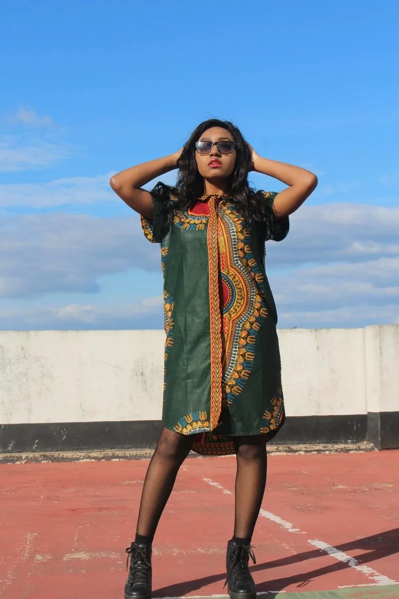 Aztec Dress, African Shirt Dress in Green Dashiki Print - Festival Dress