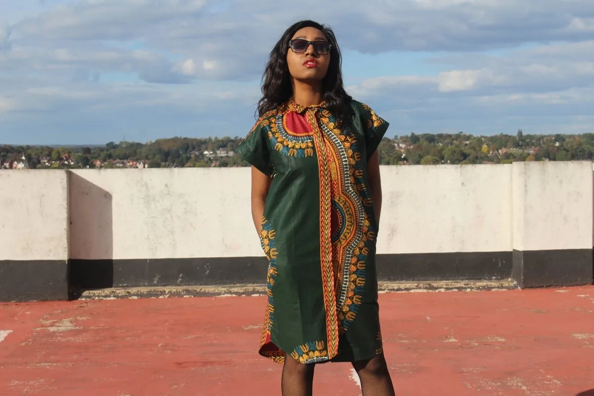 Aztec Dress, African Shirt Dress in Green Dashiki Print - Festival Dress