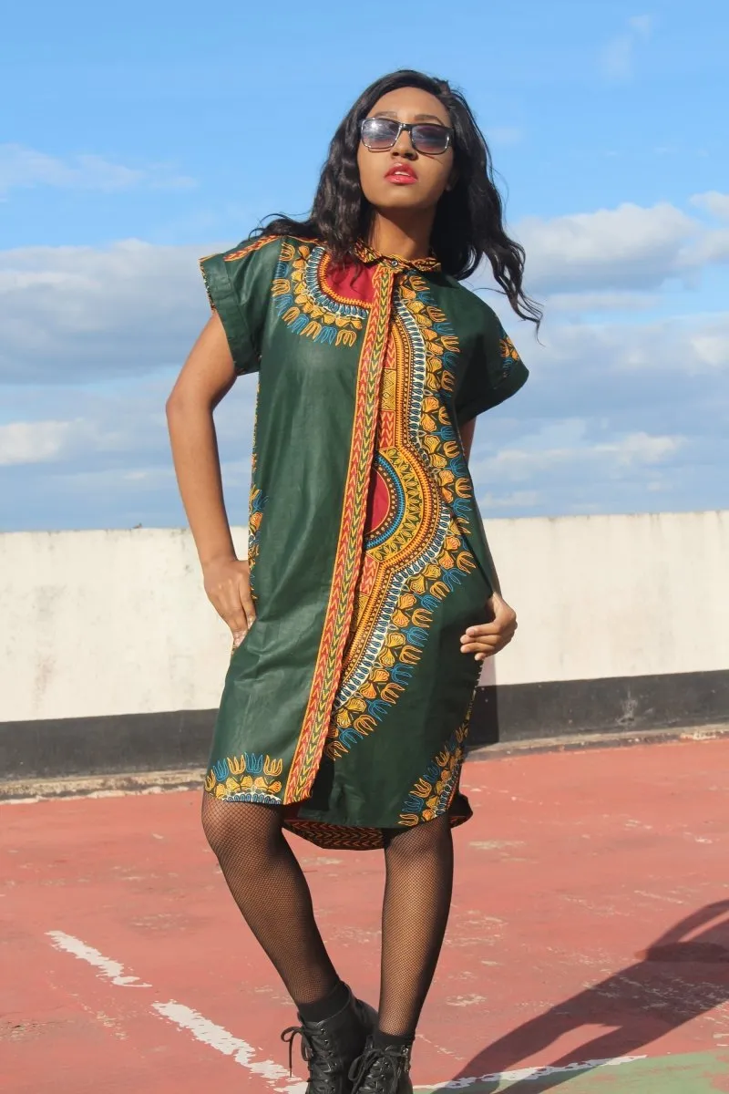 Aztec Dress, African Shirt Dress in Green Dashiki Print - Festival Dress