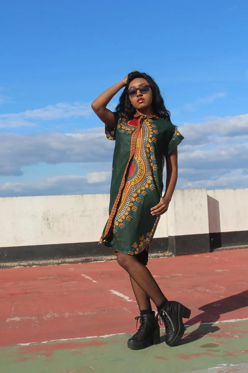 Aztec Dress, African Shirt Dress in Green Dashiki Print - Festival Dress