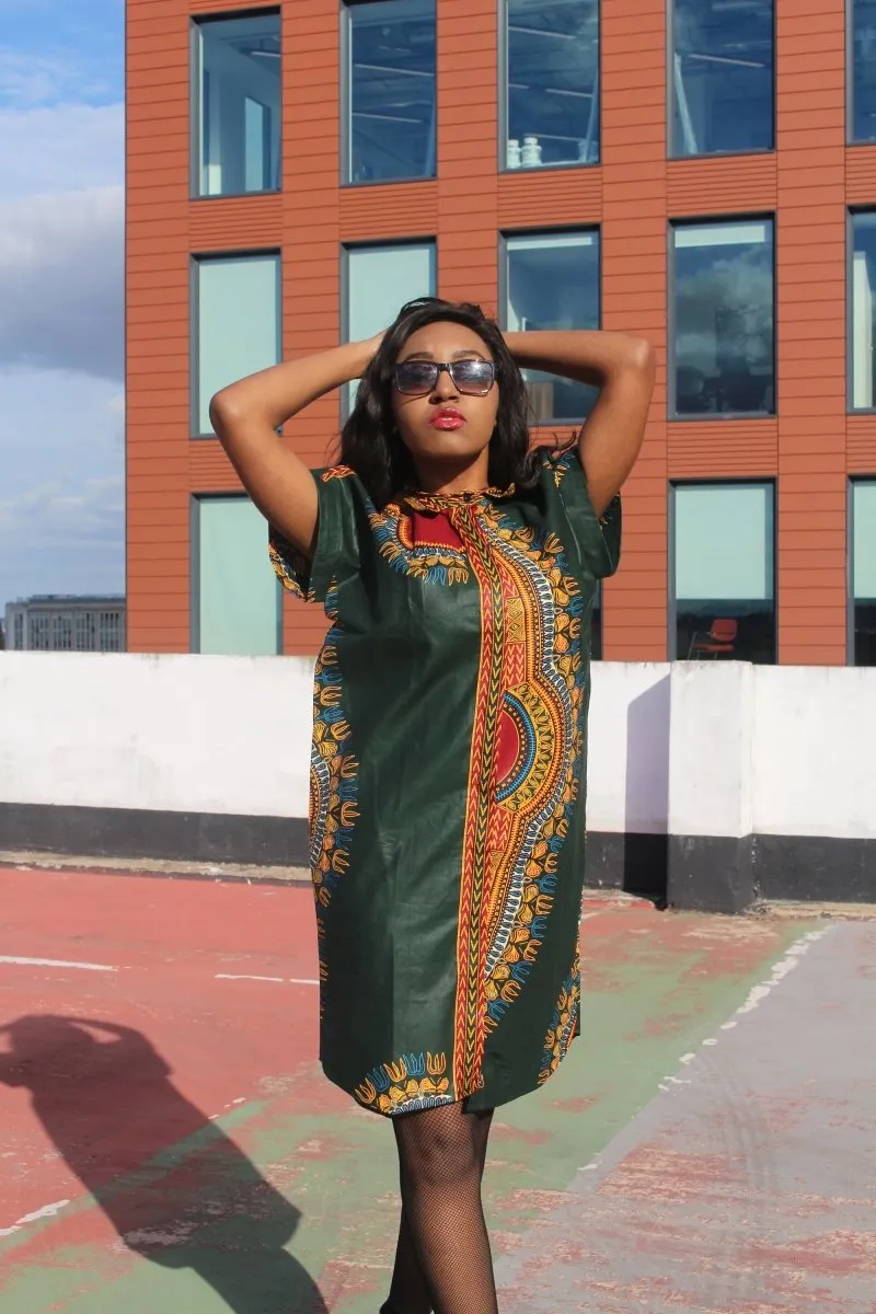 Aztec Dress, African Shirt Dress in Green Dashiki Print - Festival Dress