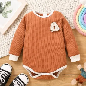 Baby Contrast Trim Waffle-Knit Long Sleeve Bodysuit