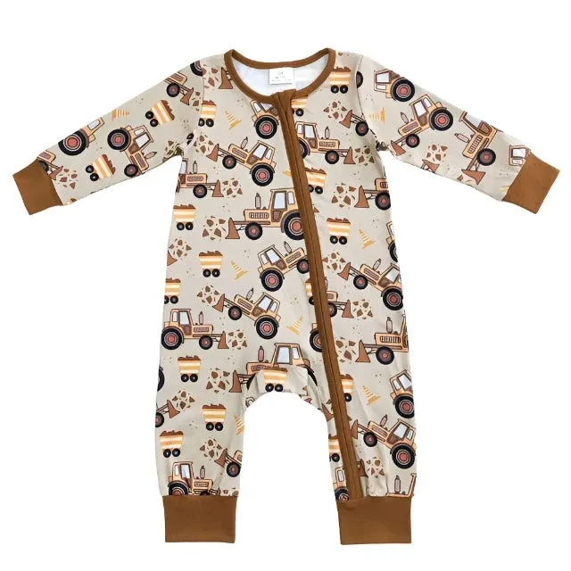 Baby Romper - Boys - Zip - Construction Vehicles Excavator