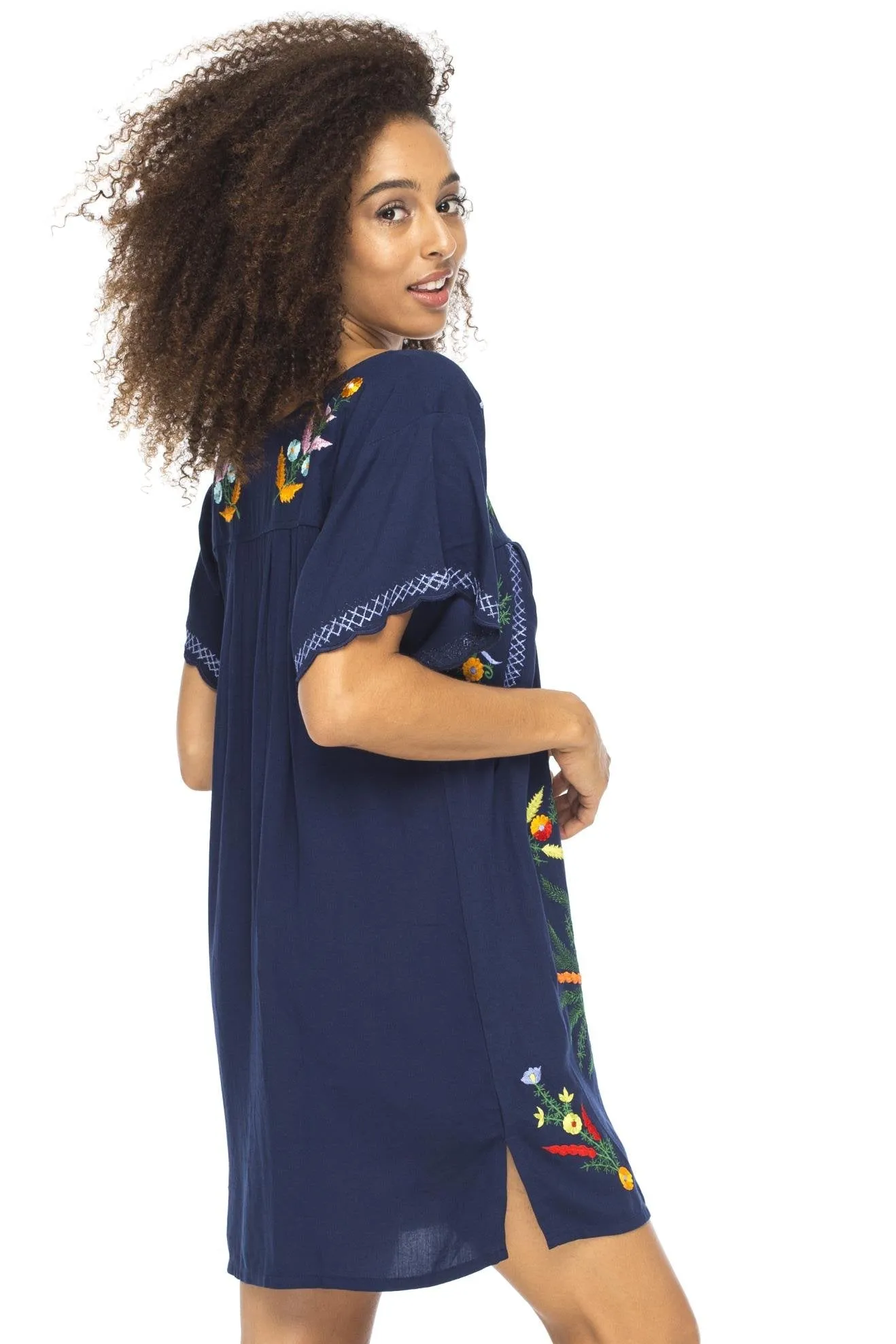 Back From Bali Womens Short Dress Mexican Embroidered Short Sleeves Cover Up