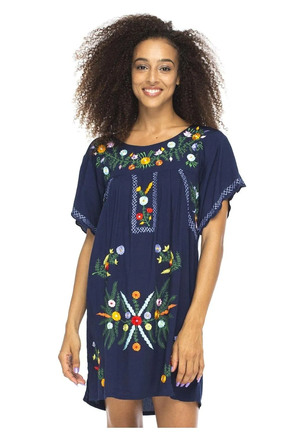 Back From Bali Womens Short Dress Mexican Embroidered Short Sleeves Cover Up