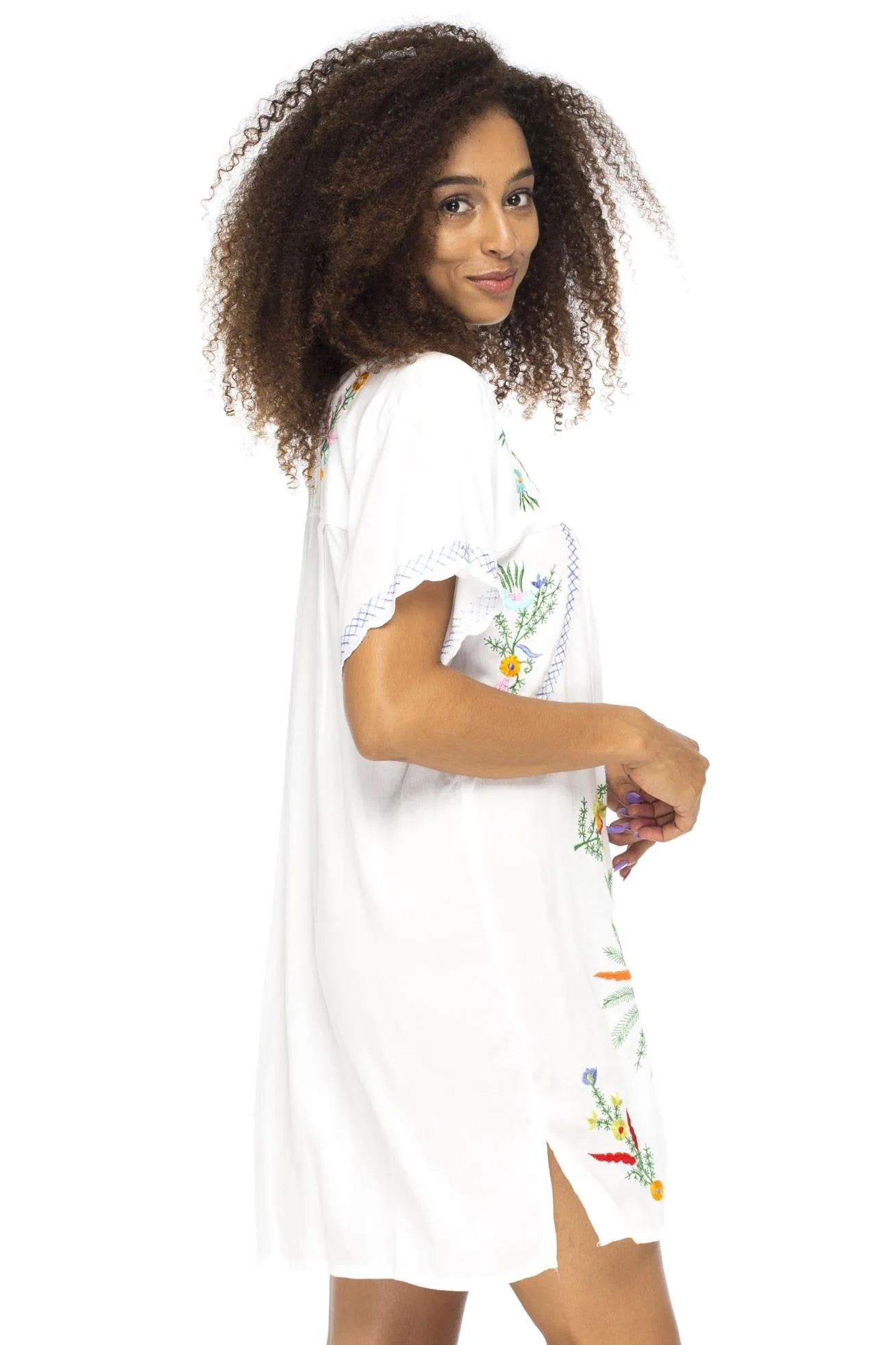 Back From Bali Womens Short Dress Mexican Embroidered Short Sleeves Cover Up