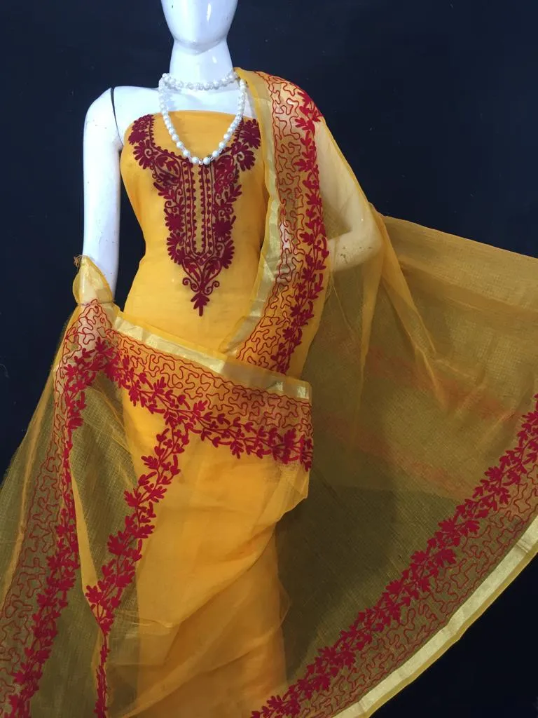 Beautiful Kota Doriya Embroidery Work Suit In Yellow