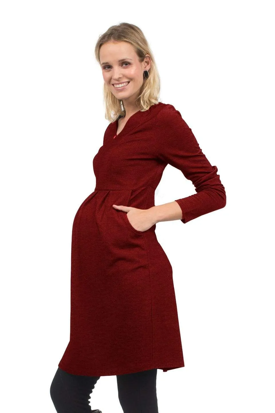 Bente Long Sleeve Bente V-Neck Nursing Dress Burgundy