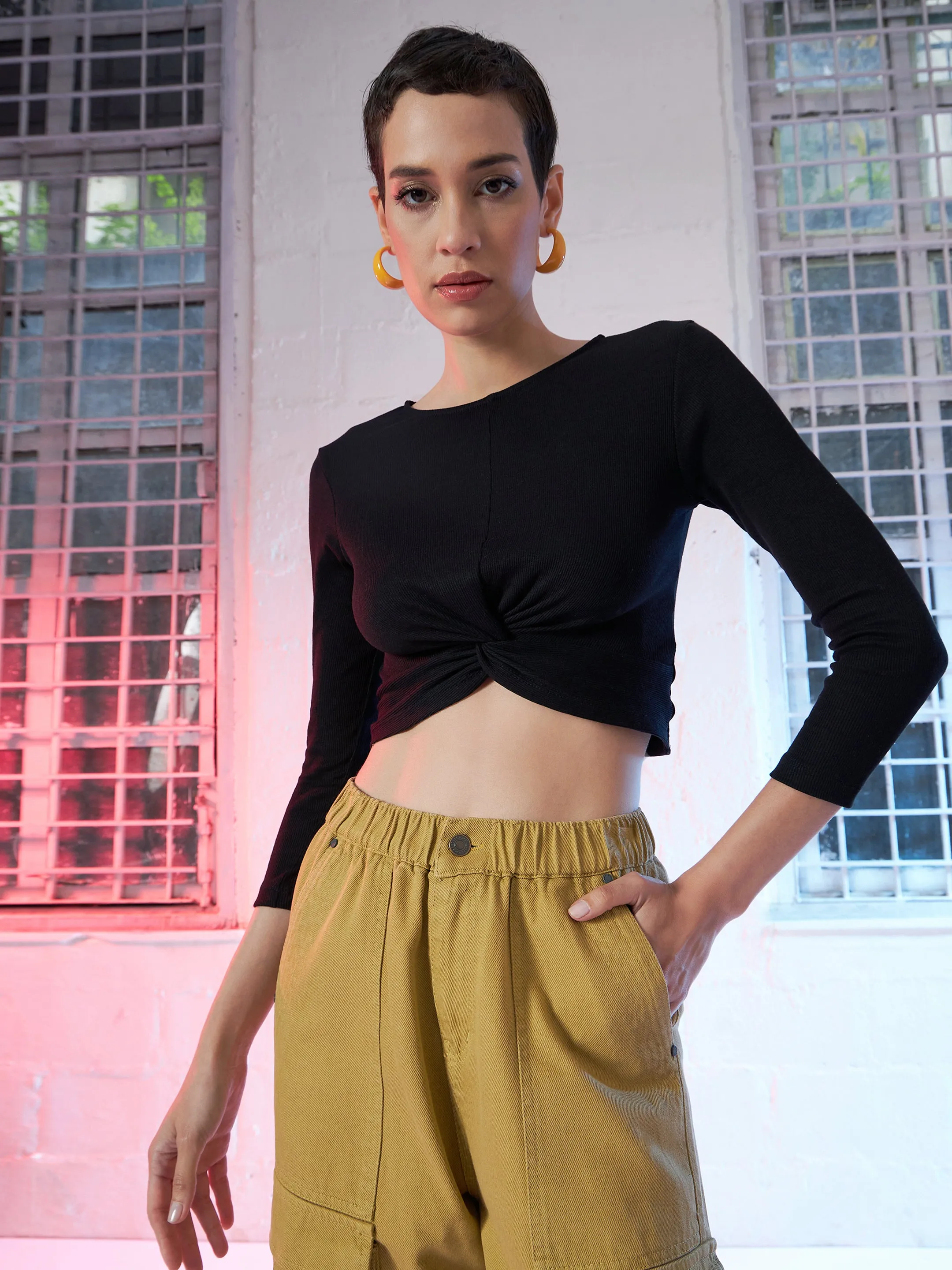 Black Rib Twisted Knot Crop Top