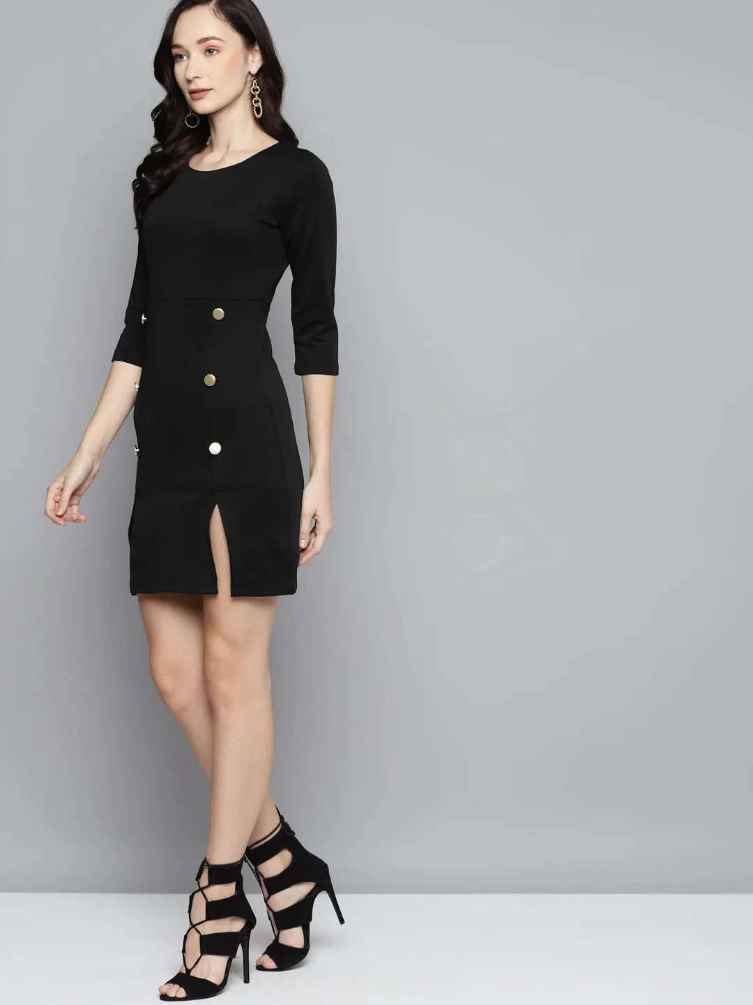 Black Scuba Front Slit Bodycon Dress