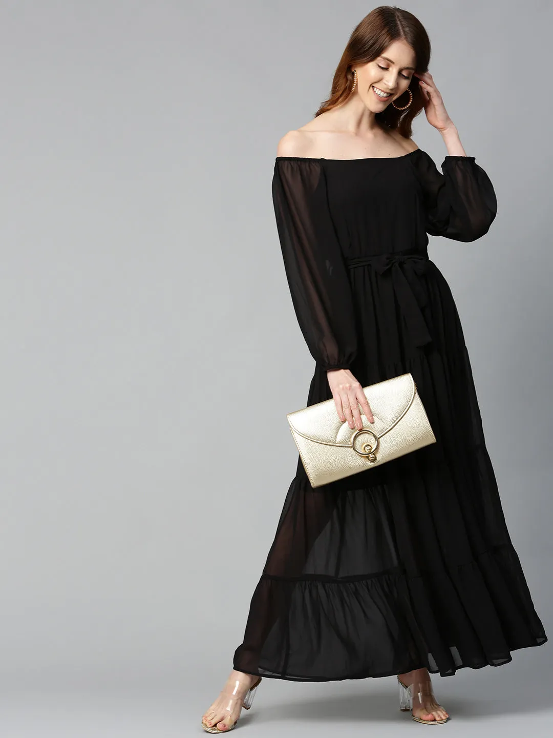 Black Square Neck Tiered Maxi Dress