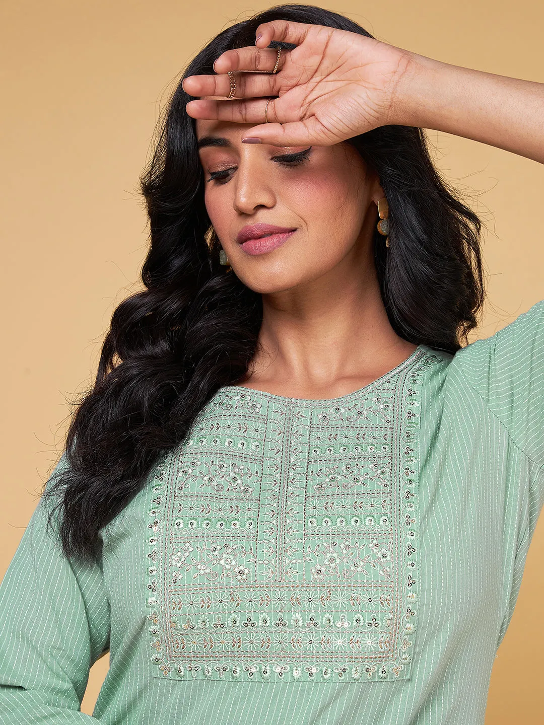 Blooming Melodies Mint Green Solid Embroidered Kurta