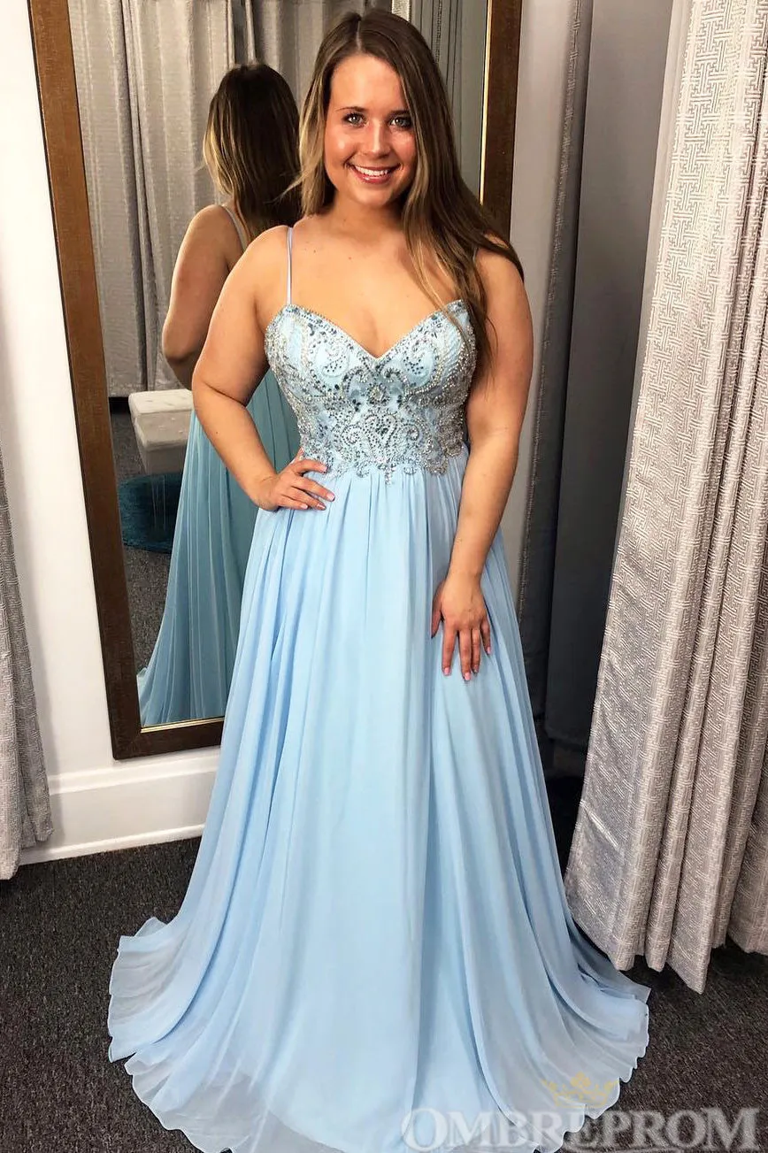 Blue Spaghetti Straps V Neck Sleeveless Chiffon Prom Dresses