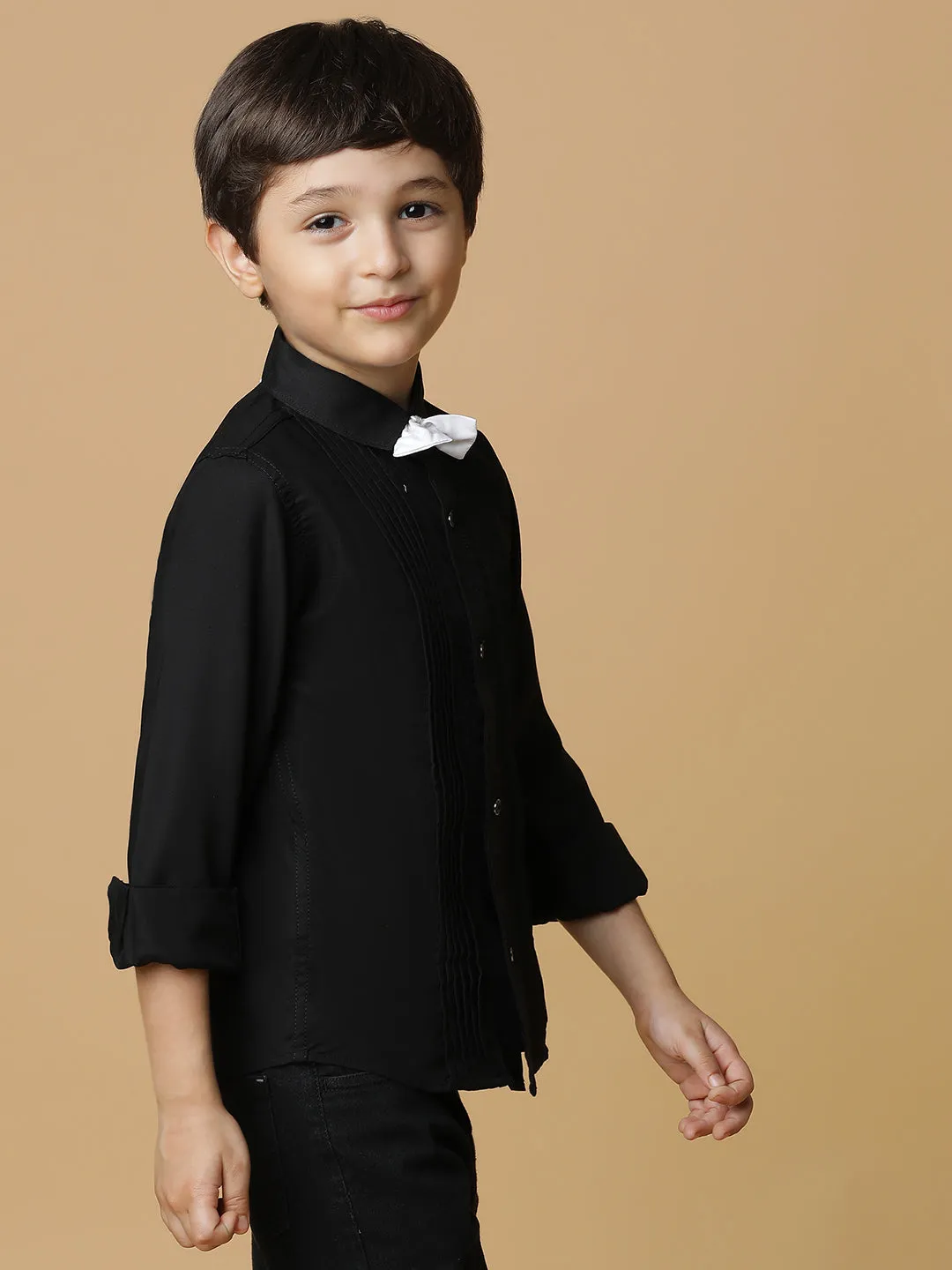 Boys Black Solid Shirt With Bow