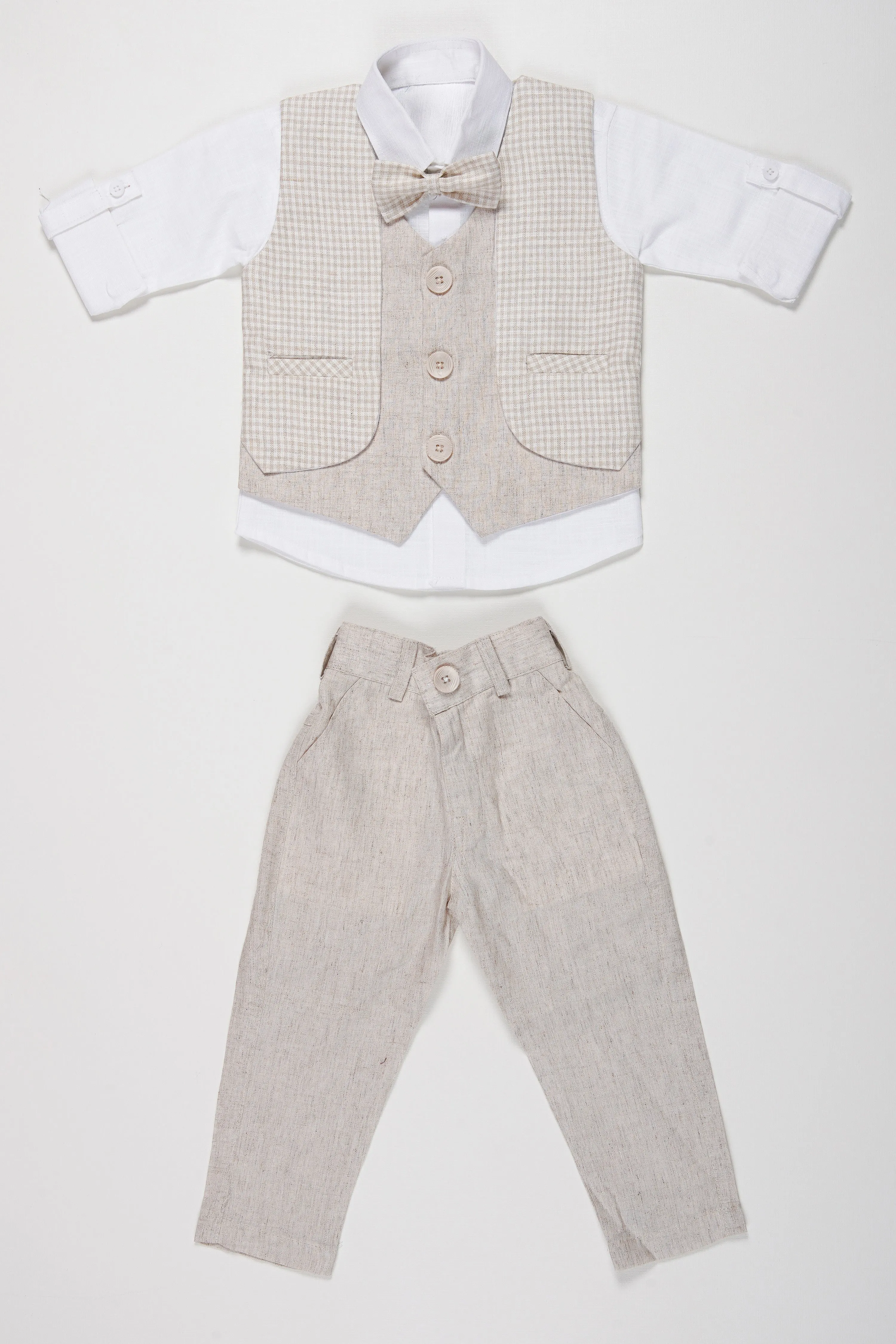 Boys Modern Linen Vest Suit Set with Matching Trousers and Bow Tie