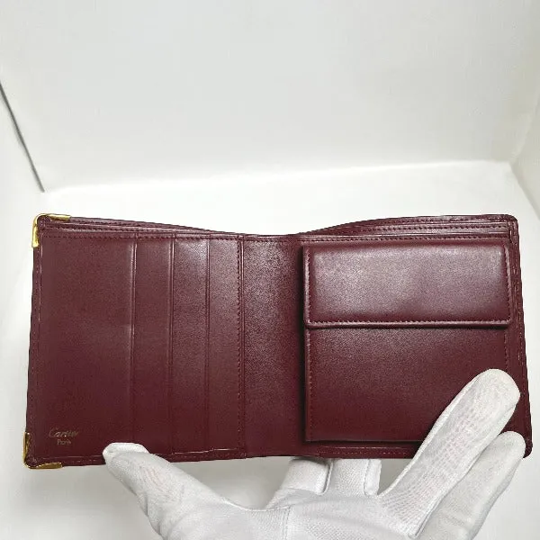 CARTIER Bifold Wallet leather wine-red Compact wallet with coin pocket Women Used Authentic