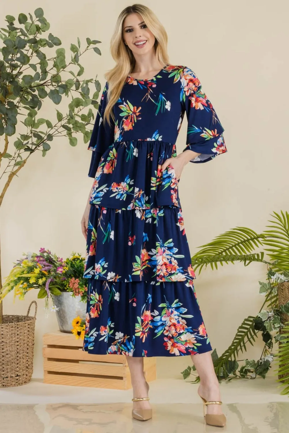 Celeste Full Size Floral Ruffle Tiered Midi Dress