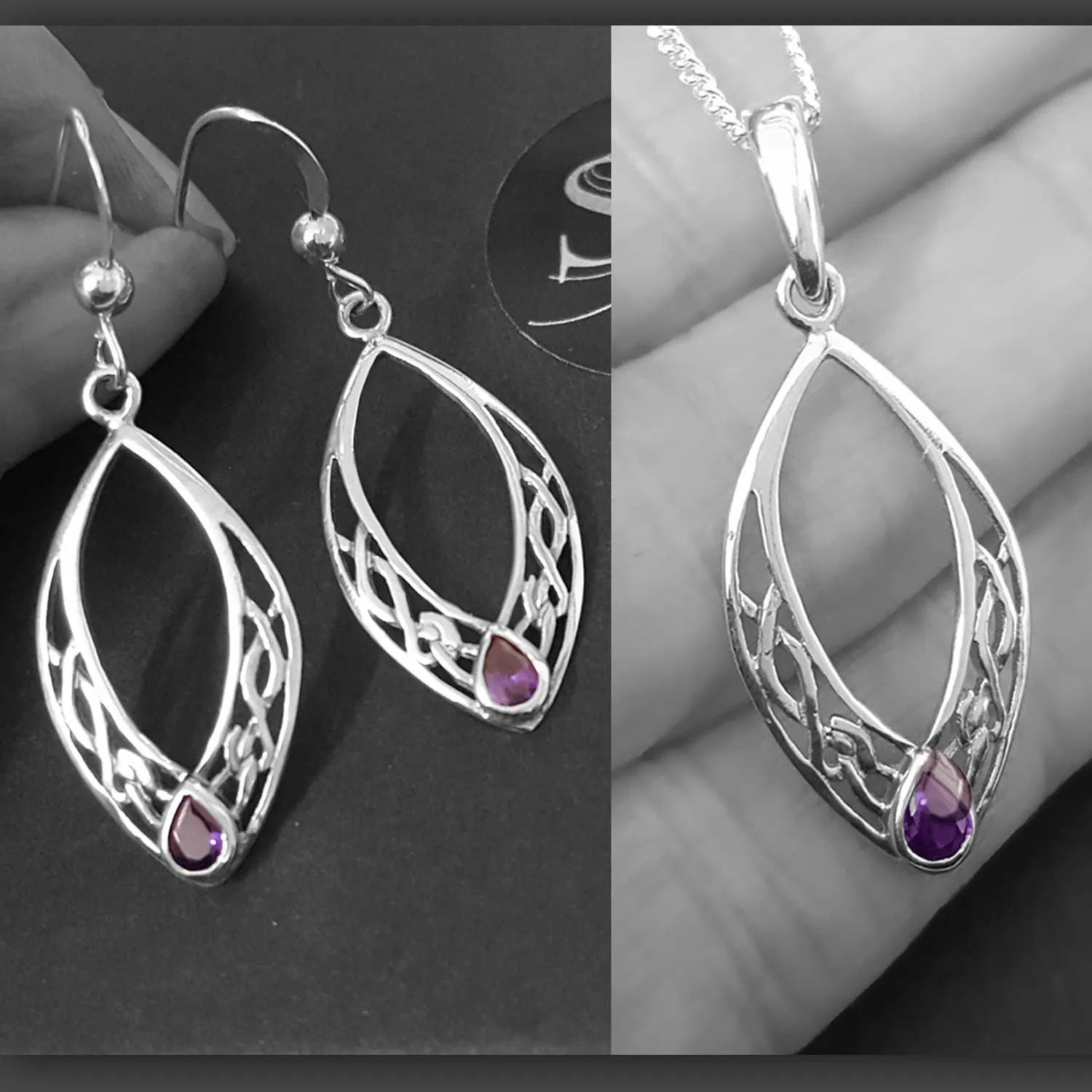 Celtic Jewellery SET With Amethyst Zirconia Teardrops, Necklace with Matching Earrings