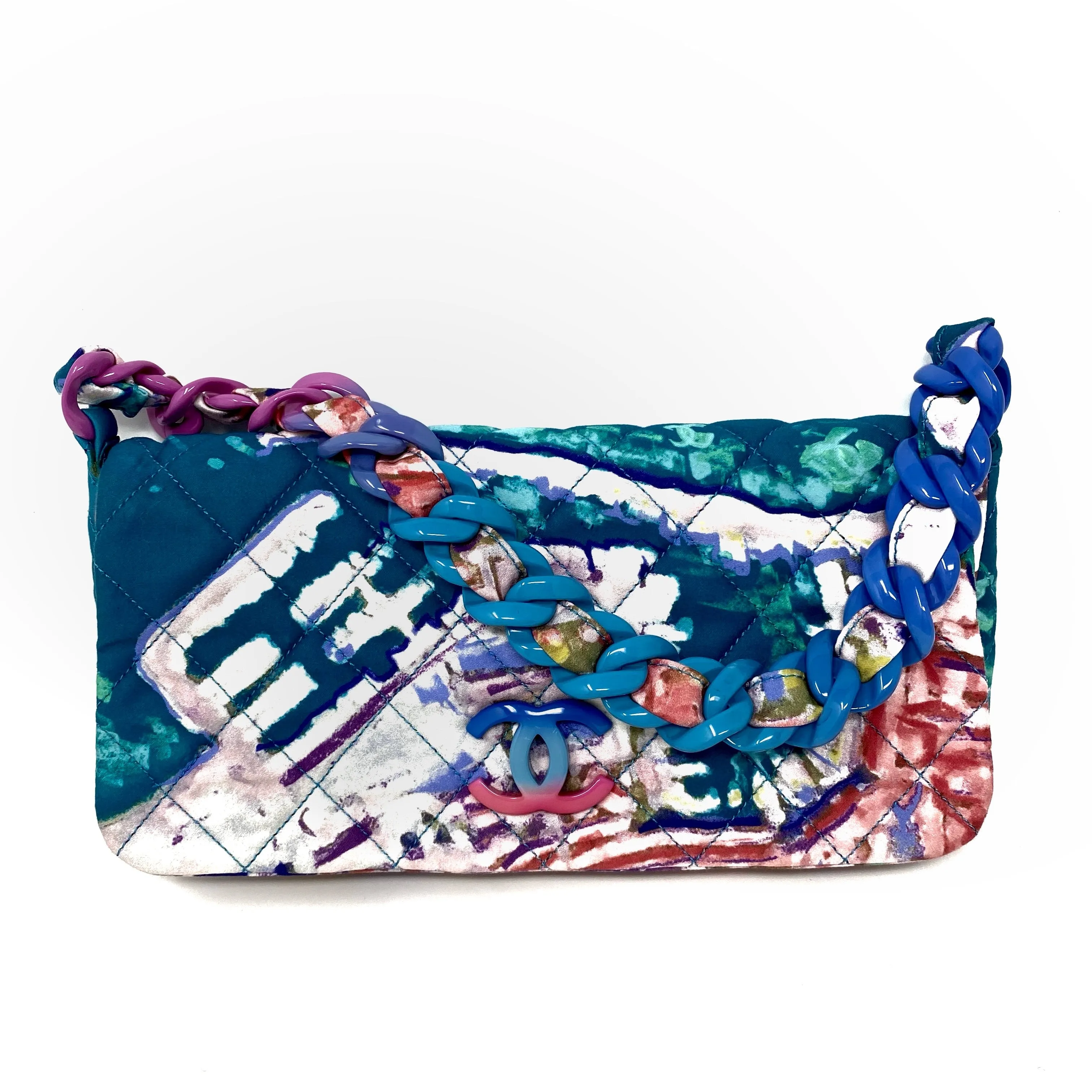 CHANEL Multi Color Printed Foulard Cloth Classic Flap Bag Resin Chain Handle