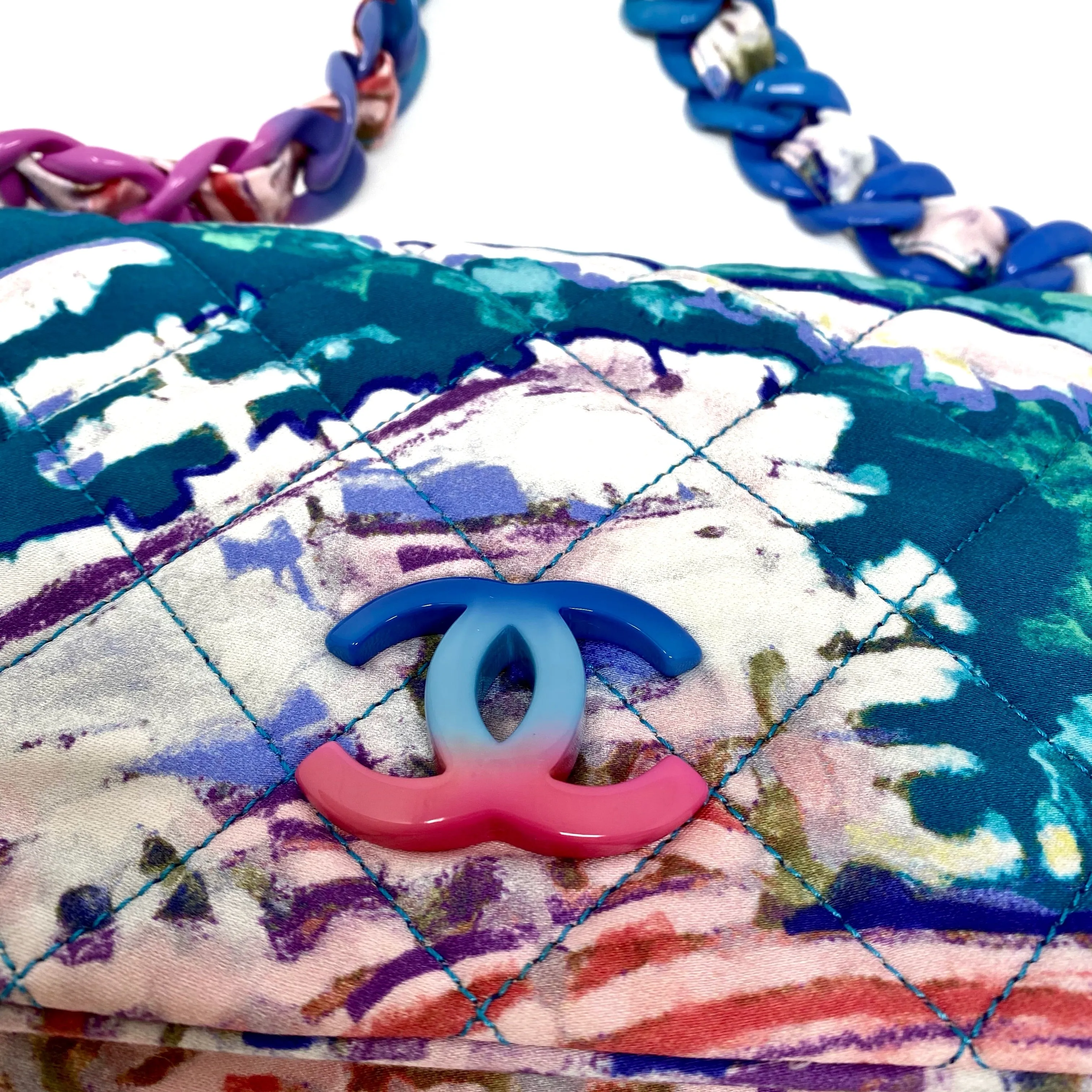 CHANEL Multi Color Printed Foulard Cloth Classic Flap Bag Resin Chain Handle