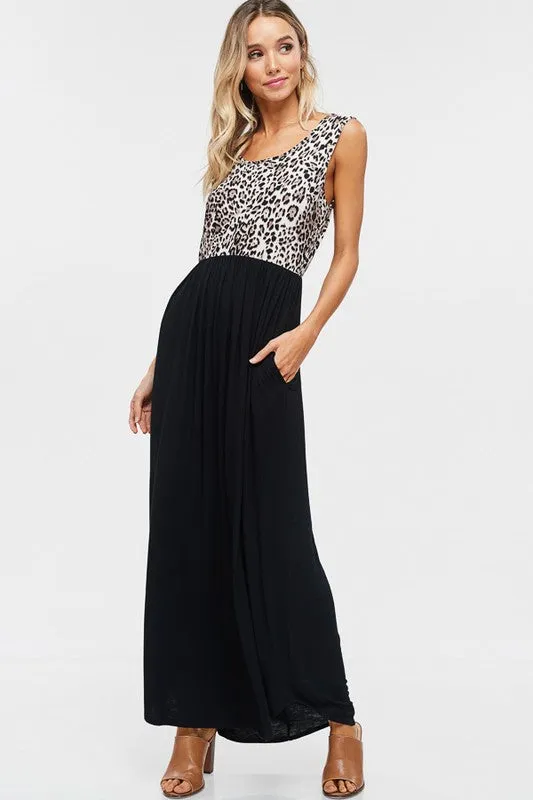 Cheetah Print and Solid Maxi Dress