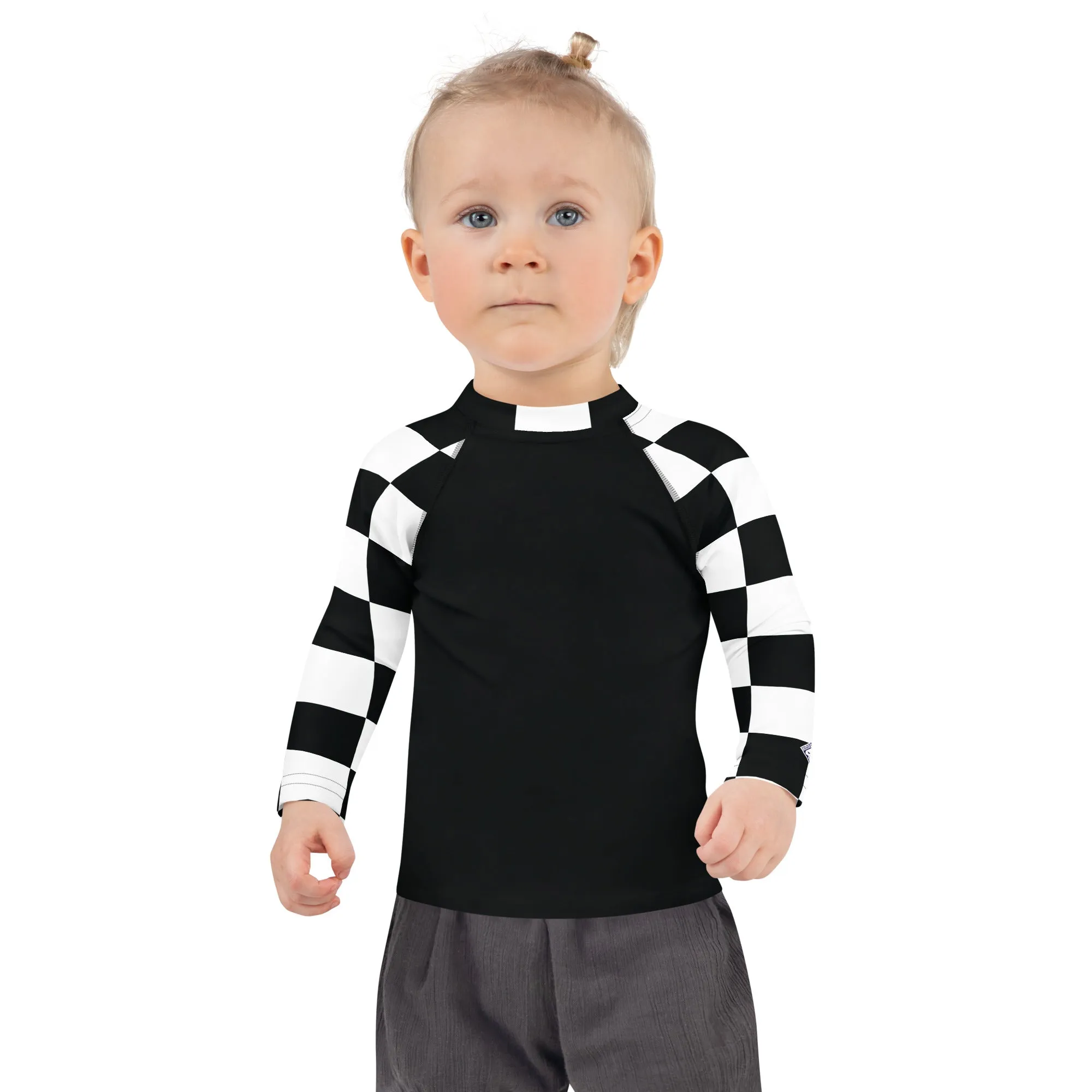 Chic and Secure: Kids Girls' Checkered Long Sleeve Rash Guard - Noir